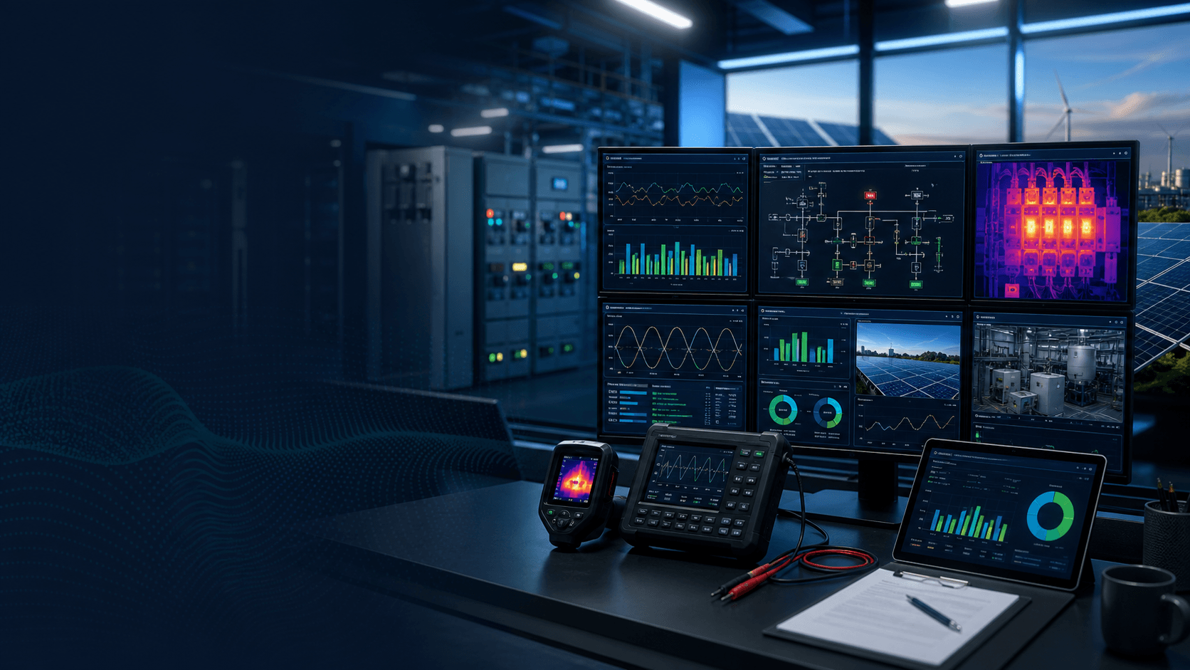 Energy dashboard with electrical analysis, power quality and solar monitoring visuals